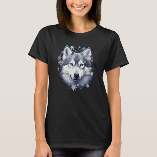 ユーモラスなハスキー犬と雪の結晶 Tシャツ (正面)