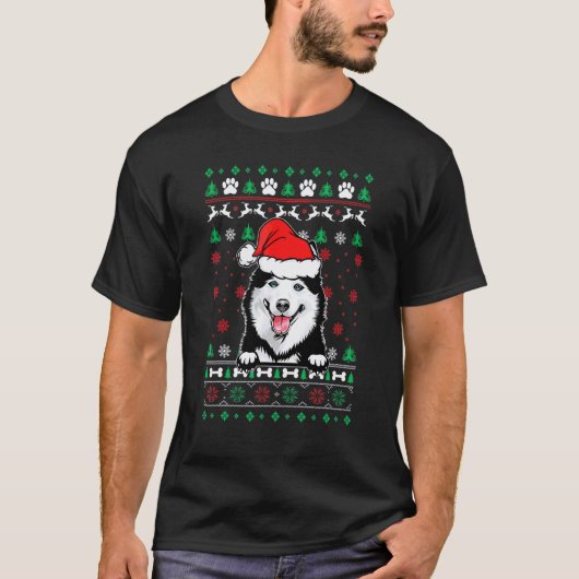 ユーモラスなハスキー犬のクリスマス・アグリー・クリスマス・セーター Tシャツ (正面)
