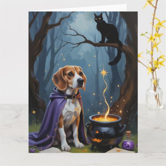 ユーモラスなハロウィンのビーグル犬の絵 カード (黄色い花)