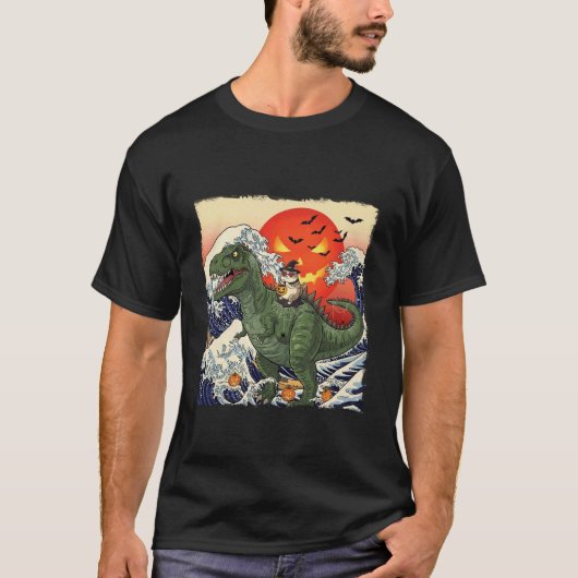 ユーモラスなハロウィン魔女猫ティラノサウルス乗馬イギリス Tシャツ (正面)