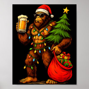 ユーモラスなビッグフットサンタ帽子ドリンククリスマスツリー クリスマス ポスター