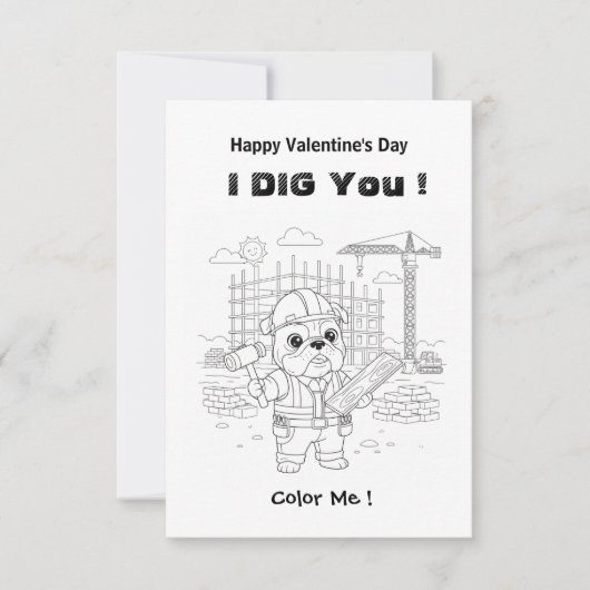 ユーモラスなブルドッグ建設業 "I Dig You" ぬりえマ サンキューカード (正面)