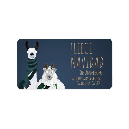 ユーモラスなラマと羊の「Fleece Navidad」パロディ ラベル (正面)