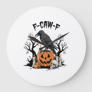 ユーモラスなワタリガラス、F-Caw-F、ドクロのカラス、ゴシックのカラス ラージ壁時計