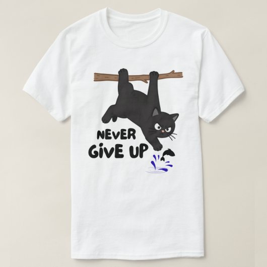 ユーモラスな吊り猫デザイン Tシャツ (デザイン正面)
