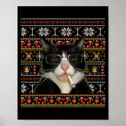 ユーモラスな喫煙猫のミーム クリスマスアグリーセーター 猫 ポスター (正面)
