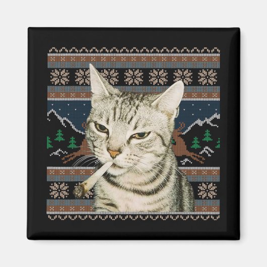 ユーモラスな喫煙猫のミーム クリスマスアグリーセーター 猫 マグネット (正面)