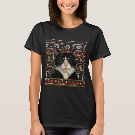 ユーモラスな喫煙猫のミーム クリスマスアグリーセーター 猫 Tシャツ (正面)