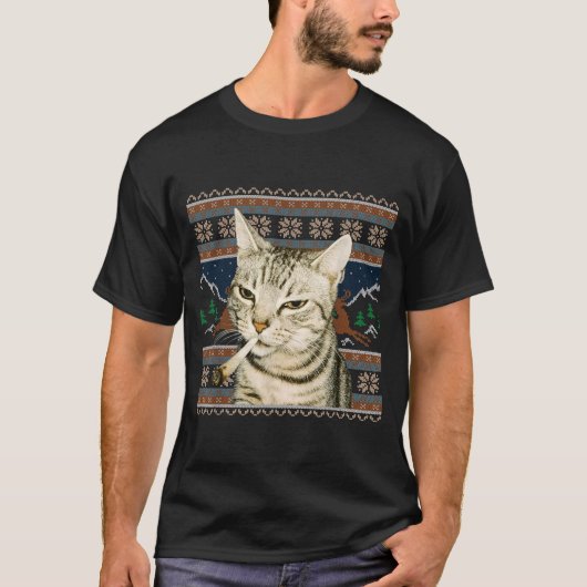 ユーモラスな喫煙猫のミーム クリスマスアグリーセーター 猫 Tシャツ (正面)