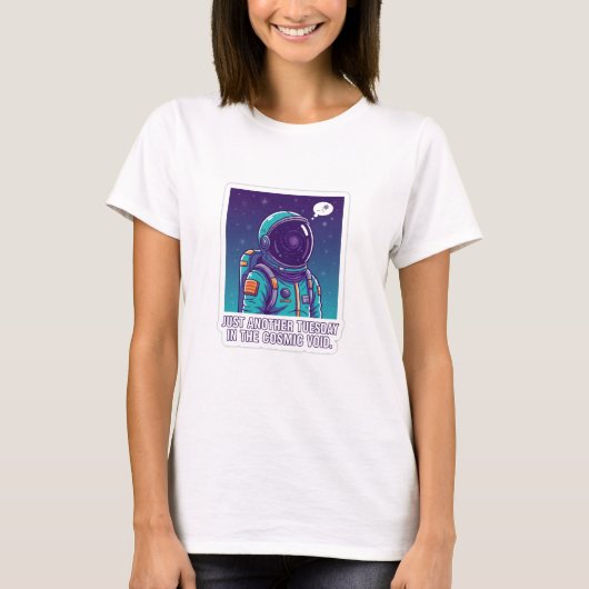 ユーモラスな宇宙飛行士が漂う宇宙の虚空 | おもしろいスペースデザイン Tシャツ (正面)