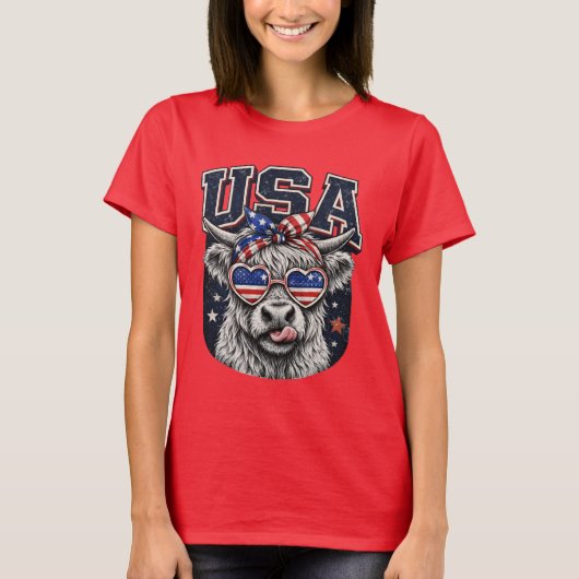 ユーモラスな愛国ハイランドカウ アメリカ独立記念日 Tシャツ (正面)