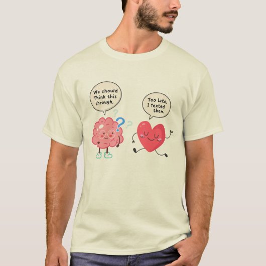 ユーモラスな脳VS心のキャラクターイラスト、過剰思考ユーモア Tシャツ (正面)