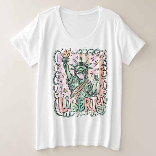 ユーモラスな自由の女神バブルガム愛国 プラスサイズTシャツ (デザイン正面)