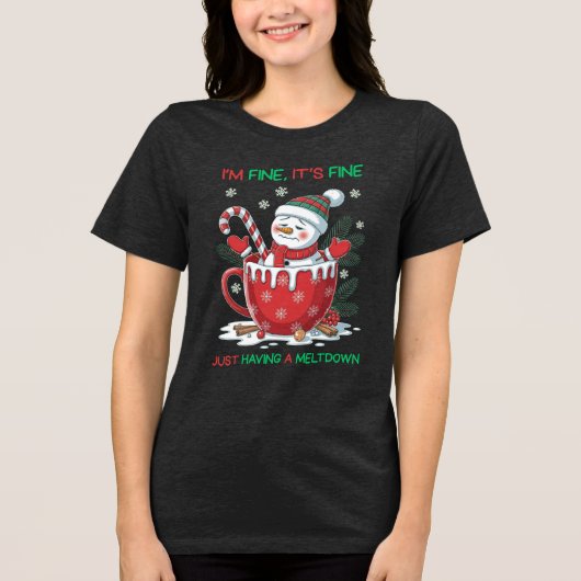 ユーモラスな雪だるまの溶け方 クリスマス トライブレンドＴシャツ (正面)