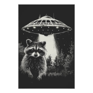 ユーモラスな黒と白の宇宙アライグマUFO ポスター