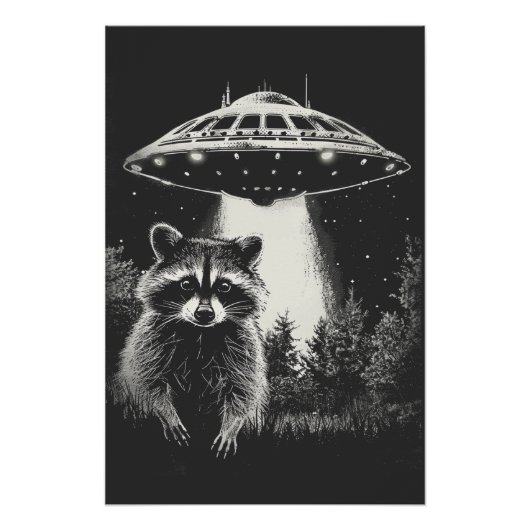 ユーモラスな黒と白の宇宙アライグマUFO ポスター (正面)