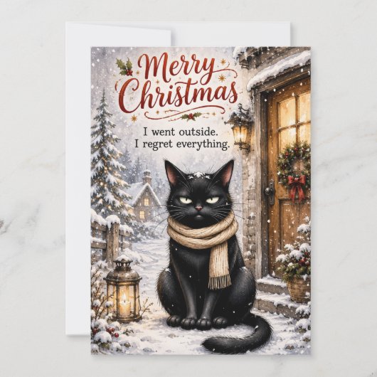 ユーモラスな黒猫のクリスマスカード - サラリーマン風のウィンター シーズンカード (正面)