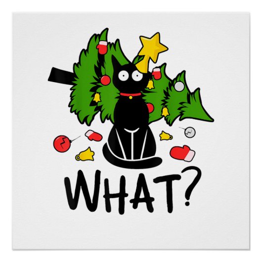 ユーモラスな黒猫 クリスマスツリー メリーサンタ  クリスマスグッズ ポスター (正面)