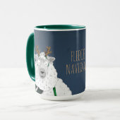 ユーモラスな「Fleece Navidad」羊のキャラクター ブルーグレー マグカップ (正面左)