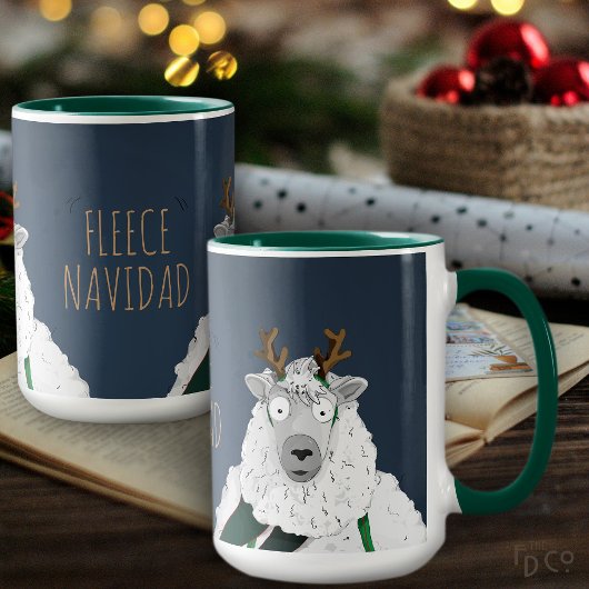 ユーモラスな「Fleece Navidad」羊のキャラクター ブルーグレー マグカップ