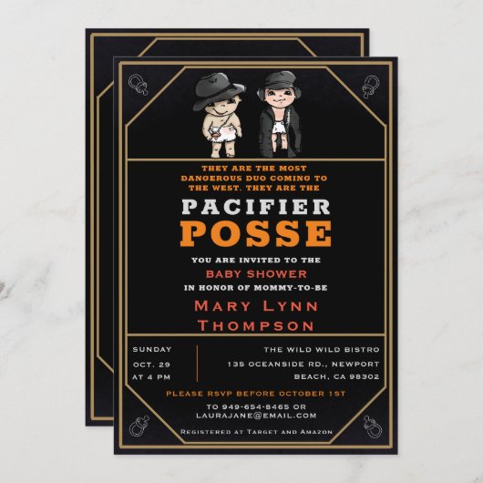 ユーモートツインズおしゃぶりワイルドウェスト赤ちゃんシャワー 招待状 (正面/裏面)