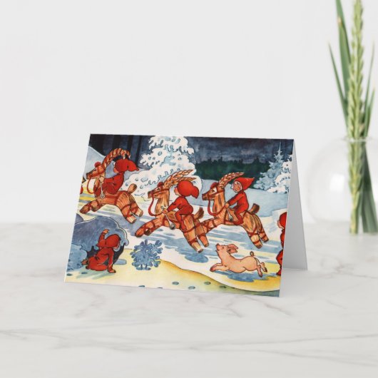 ユール(キリスト降誕祭)のヤギを競争させている小妖精や小人! シーズンカード (正面)