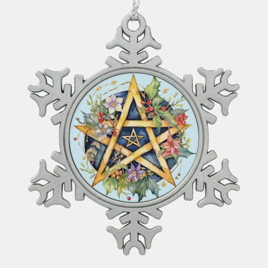 ユール(キリスト降誕祭)ツリーウィンター至フローラウィッカ星形五角形 スノーフレークピューターオーナメント (正面)