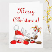 ユール・サンタとトナカイの漫画 カード (黄色い花)