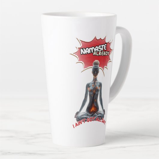 ヨガおもしろい漫画アポップ・アートのート – "ナマステ既" カフェラテマグ (右アングル)