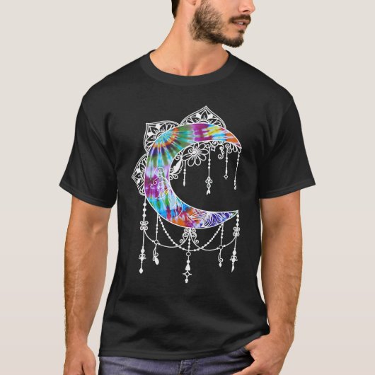 ヨガのためのボヘミアン三日月マンダラタイダイ Tシャツ (正面)