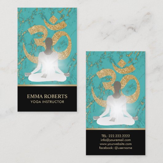 ヨガのインストラクターのナマステのターコイズ及び金ゴールド 名刺 (正面/裏面)