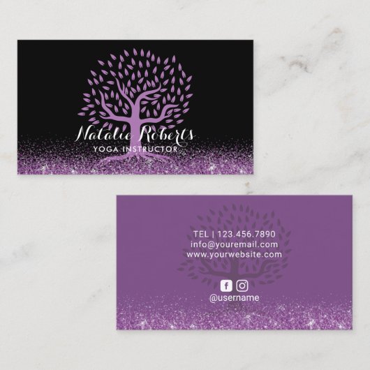 ヨガのインストラクターのモダンな紫色の生命木の黒 名刺 (正面/裏面)