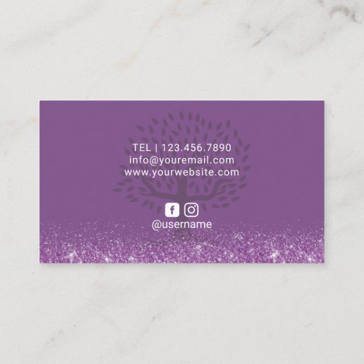 ヨガのインストラクターのモダンな紫色の生命木の黒 名刺 (裏面)