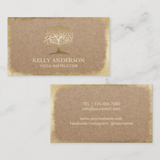 ヨガのインストラクターのモダンな金ゴールドの生命木素朴なクラフト 名刺 (正面/裏面)