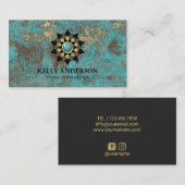 ヨガのインストラクターのヴィンテージの金ゴールド及びターコイズのはす 名刺 (正面/裏面)