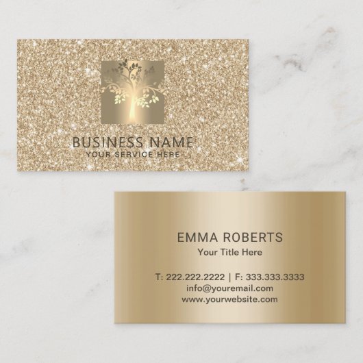 ヨガのインストラクターの木のロゴのフェイクでモダンな金ゴールドのグリッター 名刺 (正面/裏面)