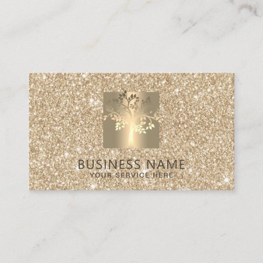 ヨガのインストラクターの木のロゴのフェイクでモダンな金ゴールドのグリッター 名刺 (正面)
