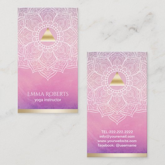 ヨガのインストラクターの水彩画の金ゴールドの三角形及び曼荼羅 名刺 (正面/裏面)