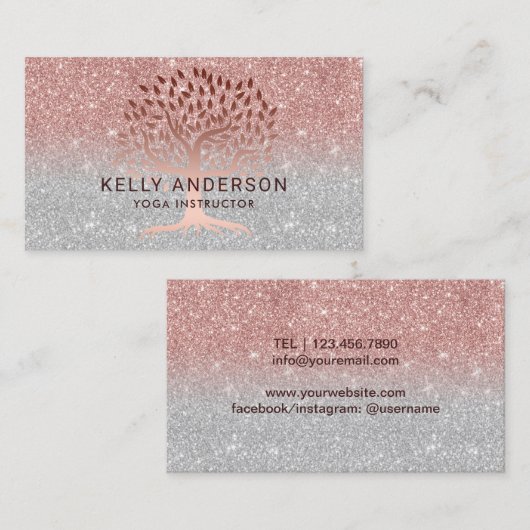 ヨガのインストラクターの生命木のグラデーションなばら色の金ゴールドの銀 名刺 (正面/裏面)