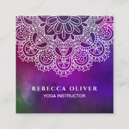 ヨガのインストラクターの紫色の水彩画の曼荼羅 スクエア名刺