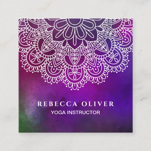 ヨガのインストラクターの紫色の水彩画の曼荼羅 スクエア名刺 (正面)