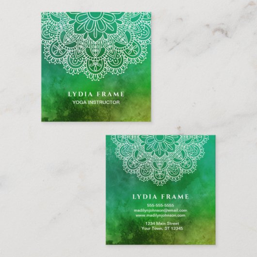 ヨガのインストラクターの緑の水彩画の曼荼羅 スクエア名刺 (正面/裏面)