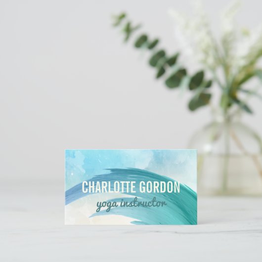 ヨガのインストラクターエレガントな|のターコイズの水彩画 名刺 (スタンド正面)
