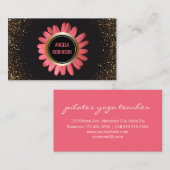 ヨガのインストラクター|のピンクのデイジーの金ゴールドのグリッターの黒 名刺 (正面/裏面)