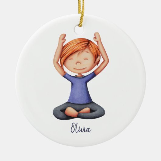 ヨガのクリスマスをめい想過ごす女のパーソナライズされた子 セラミックオーナメント (正面)