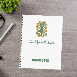 ヨガのポーズが緑とオレンジの名前スローガン レトロ ノートブック