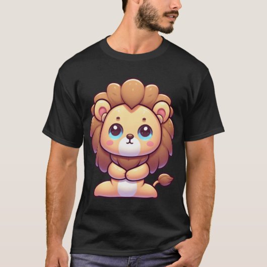 ヨガのポーズをとるかわいいキャラクターのライオン ファミリー Tシャツ (正面)