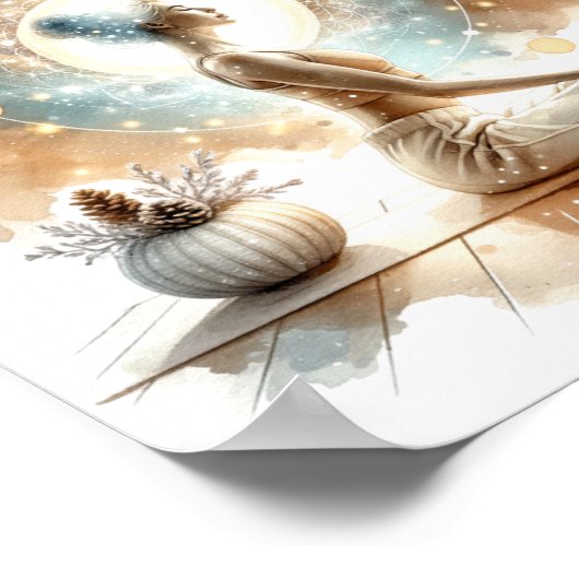 ヨガのポーズ女性は茶色の落ち着いたウォールアートに座った ポスター (角)