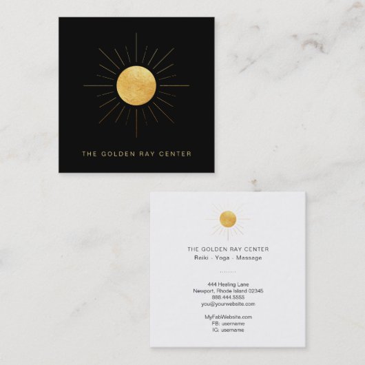 ヨガの中心を直している*~*の金ゴールドホイルの日曜日の金光線 スクエア名刺 (正面/裏面)