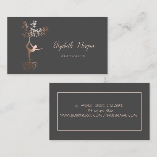 ヨガの先生、ローズゴールドツリーの女性のシルエット 名刺 (正面/裏面)